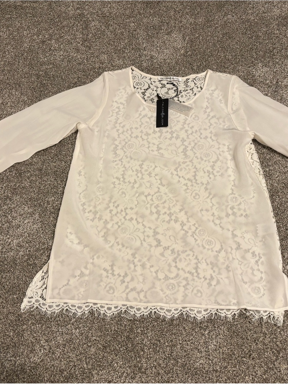 Falcon Bloom  Ivory Silk Long-Sleeve Blouse with Lace back NWT Size M